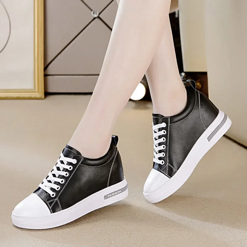 CXJYWMJL Genuine Leather Wedgies Sneakers Women Autumn Casual Vulcanized Shoes Ladies Thick Bottom Court Sneakers White Lace up