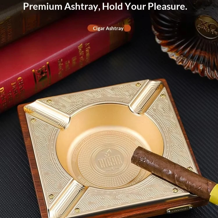 Premium Large Cigar Ashtray 4 Slot, Zinc Alloy Metal Ashtray with Wood Base, Vintage Creative Smoking Gift for Home Office