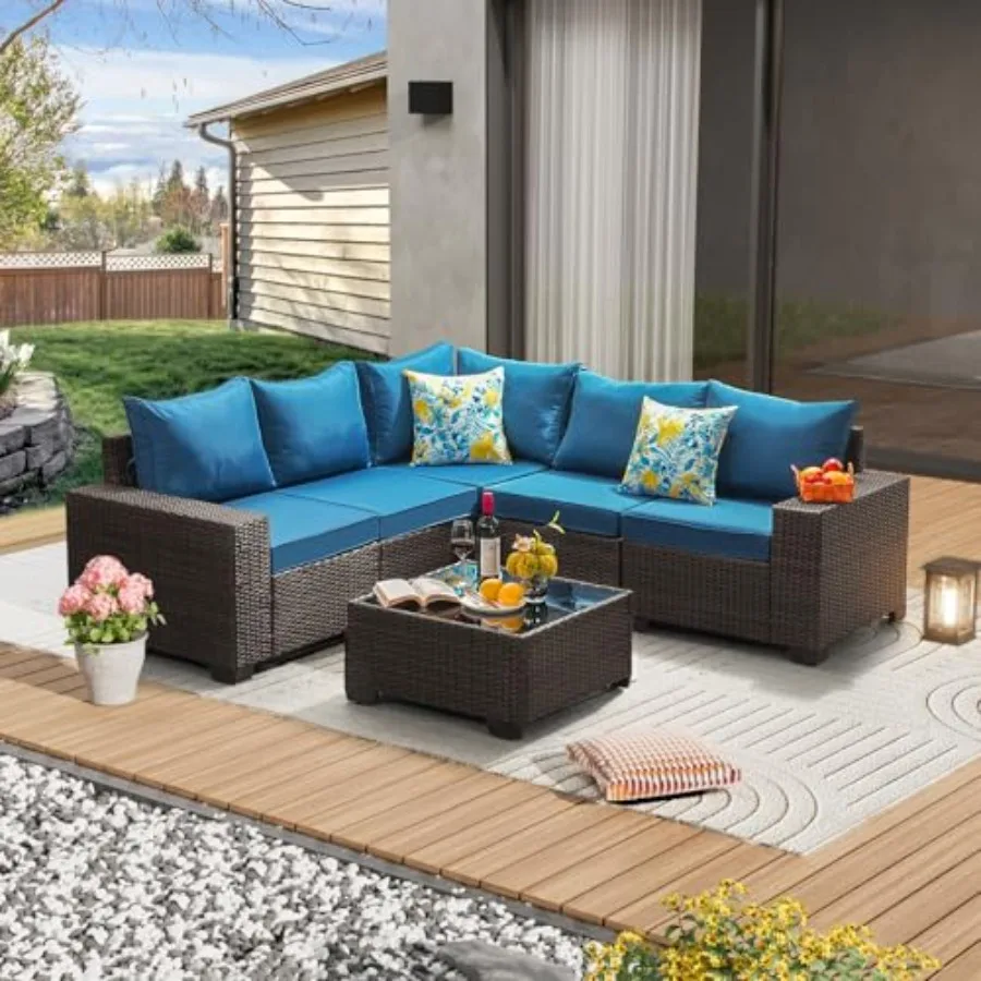 Patio furniture set for outdoor use, all-weather wicker rattan, peacock blue, includes cushioned sectional sofa and tempered gl