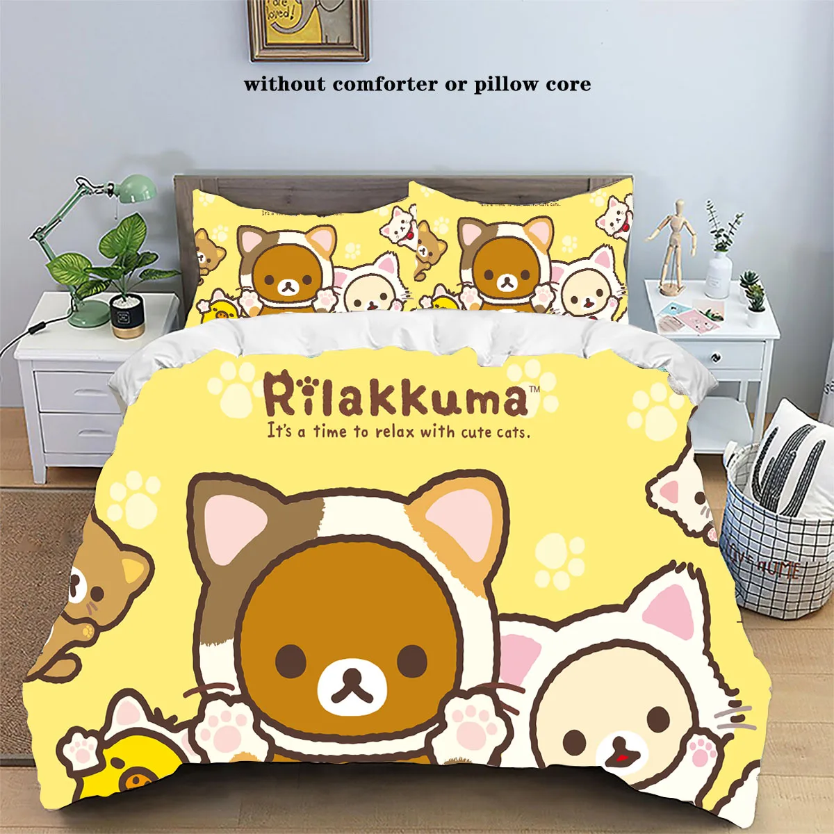 Cartoon Rilakkumas Duvet Cover Set Kawaii Korilakkuma Quilt Cover Pillowcase Set Bear Bedding Set Full Queen King Size