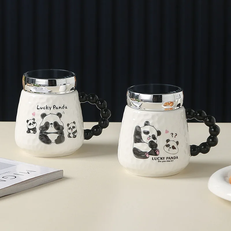 Cute Relief Panda Ceramic Cup High Appearance Level Cartoon Mug with Hand Gift Household Coffee Breakfast Milk Tumbler Cups