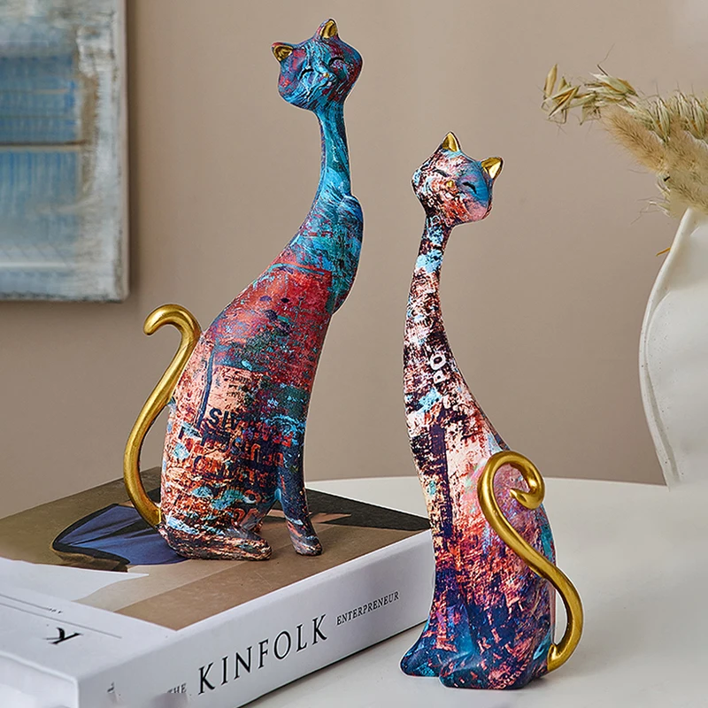 Nordic Art Oil Painting Cat Decoration Resin Abstract Ornaments Figurines Bedroom Desktop Porch Cat Sculpture Home Decor Gift