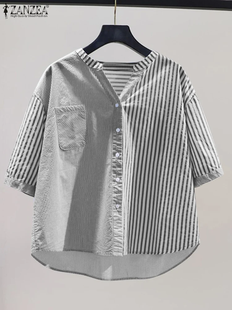 ZANZEA-Camisa de manga corta a rayas para Mujer, blusa de trabajo con cuello en V y botones, Tops holgados informales para vacaciones, Verano