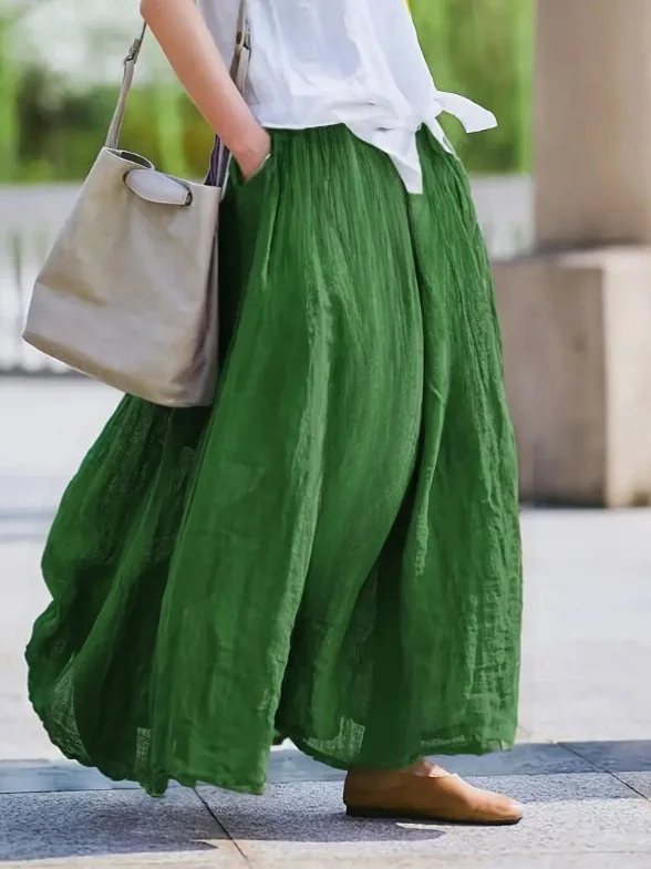 Women Casual Linen Maxi Skirt Elastic High Waist Big Swing Skirt with Pockets Bohemian Long Skirt for Summer Daily Use