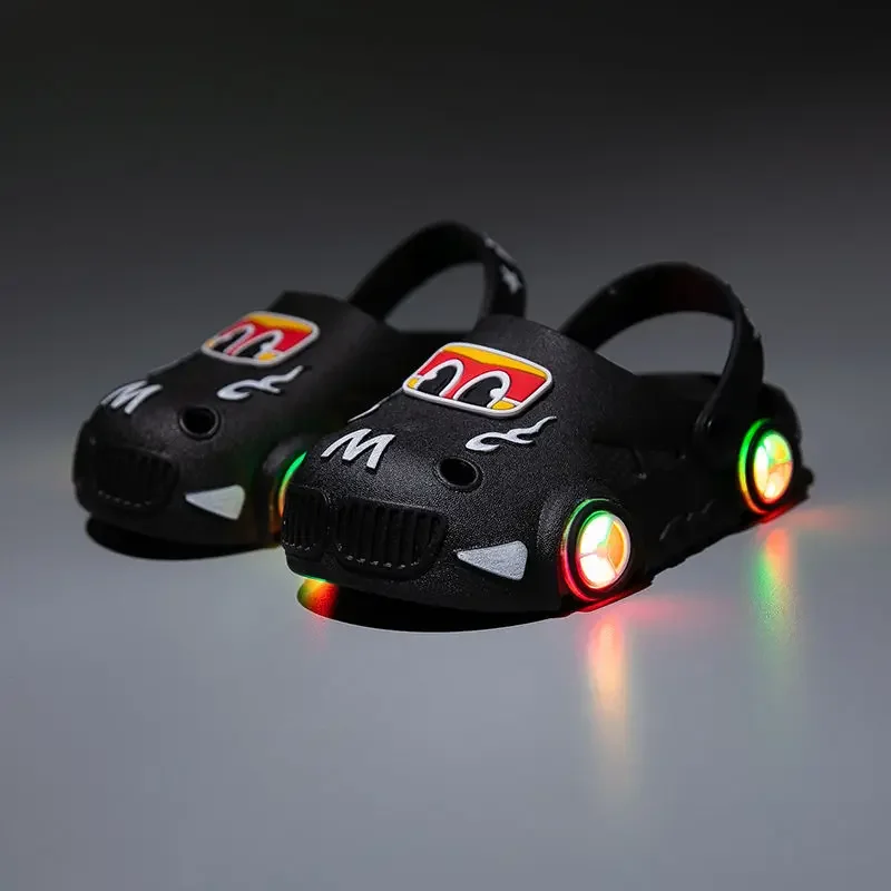 2024 Summer Children Slippers LED Lighted Boys Girls Hole Shoes Anti Slip Soft Sole Beach Sandals Cartoon Car Glowing Kids Shoes