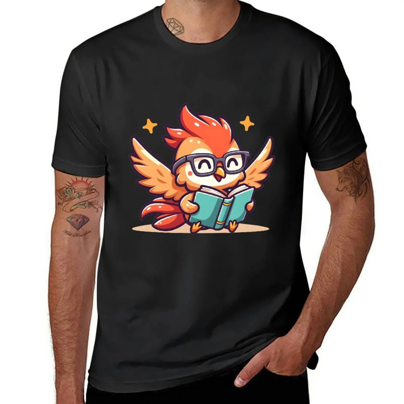 Kawaii Cheerful Phoenix With Glasses Reading T-Shirt anime vintage clothes heavyweight t shirts for men