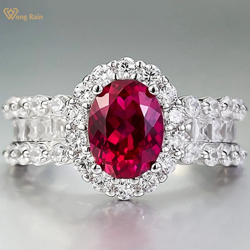 

Wong Rain Vintage 100% 925 Sterling Silver 6*8MM Oval Ruby High Carbon Diamond Gemstone Ring for Women Wedding Fine Jewelry Gift