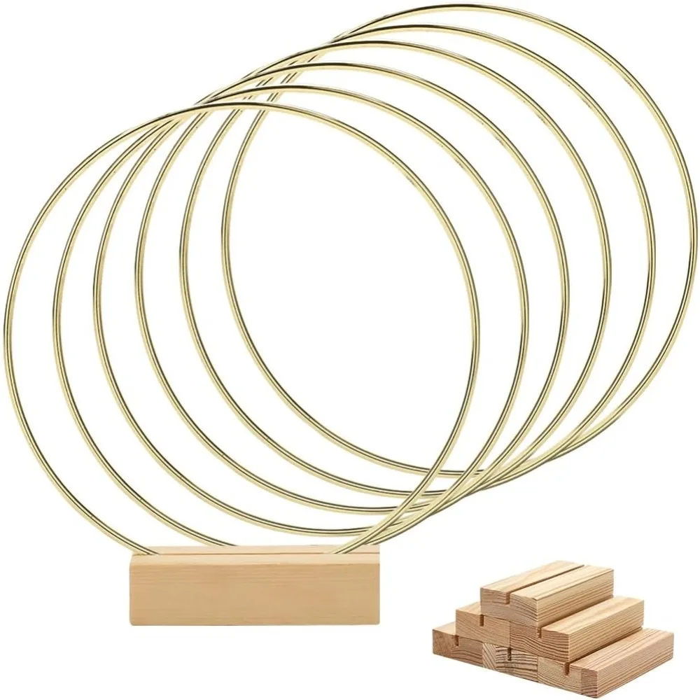 Worown 6 Pack 8 Inch Floral Hoop Centerpiece for Wedding, Gold Metal Rings with Wooden Stand - Table Decor, Wreath Decor for Wed