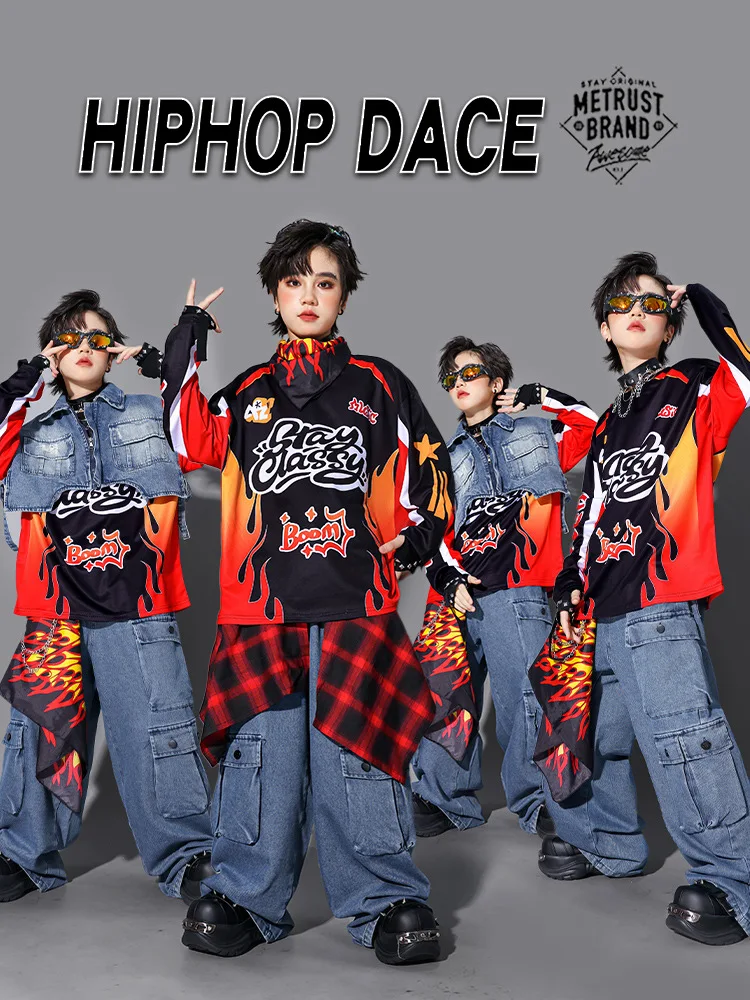 Kinder-Streetdance-Auftrittsoutfit Jungen Hip-Hop Denim-Kleidungsset Atmungsaktive Polyesterfaser Rundhals-Print-Design – Detail 13