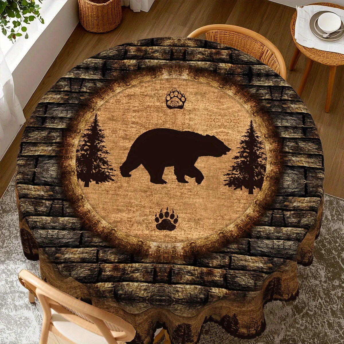 One simple bear and pine tree tablecloth with stone and brick background, made of polyester in round and rectangular shapes. - view 3