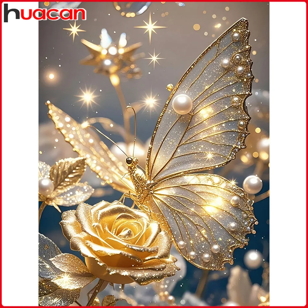 Huacan Diamantgemälde, goldener Schmetterling, Rose, Diamantmosaik, Tierblume, vollständiges Bild aus Strasssteinen