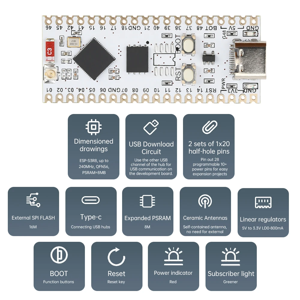 ESP32-S3 nano wifi bluetooth placa de desenvolvimento tipo c ESP32-S3-N16R8 módulo antena on-board externa 16m spi flash 8m psram