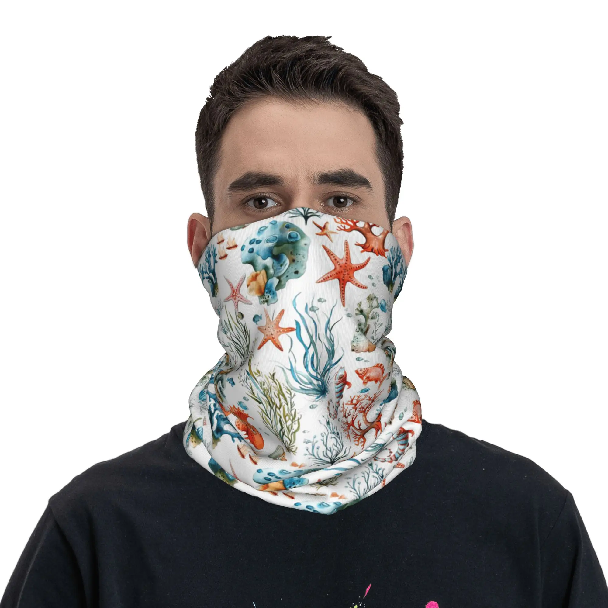 Ocean Watercolor Beach Bandana Neck Cover Printed Mask Scarf Balaclava Running Unisex Adult Washable