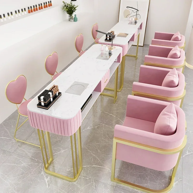 Pink Modern Nail Desk Speciality Golden Luxury Nordic Nails Table Design Metal Mesa Manicure Tisch Salon Furniture