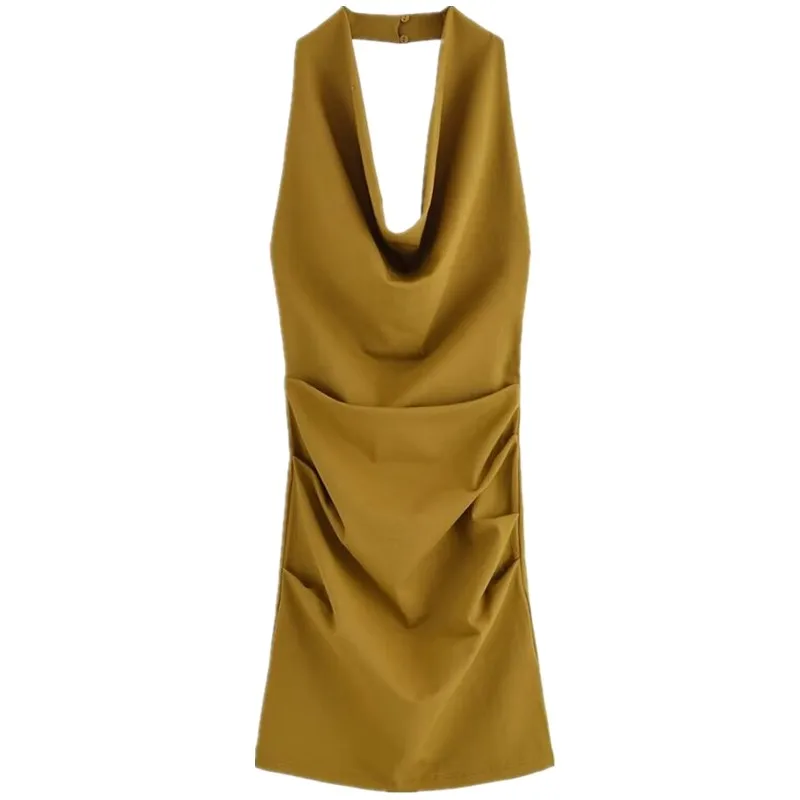 2025年夏新作 レディースワンピース クランプル ホルターネック ノースリーブ バックレス ショート丈 エレガントスタイル