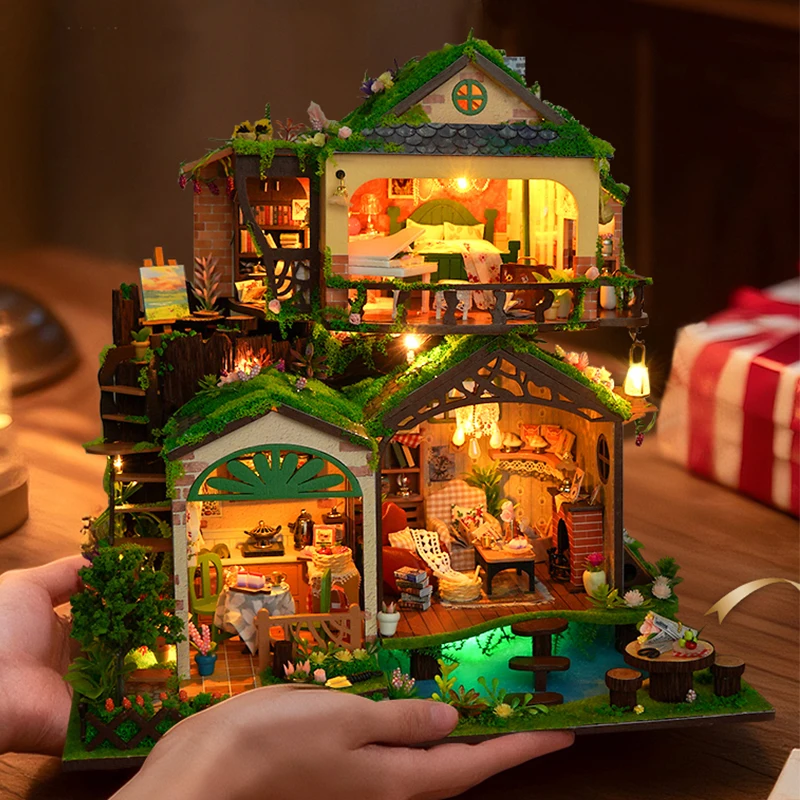 Kit modello in miniatura in legno fai-da-te Foresta Fiaba Villa Puzzle 3D Case delle bambole con luci per mobili per regali di compleanno di amici