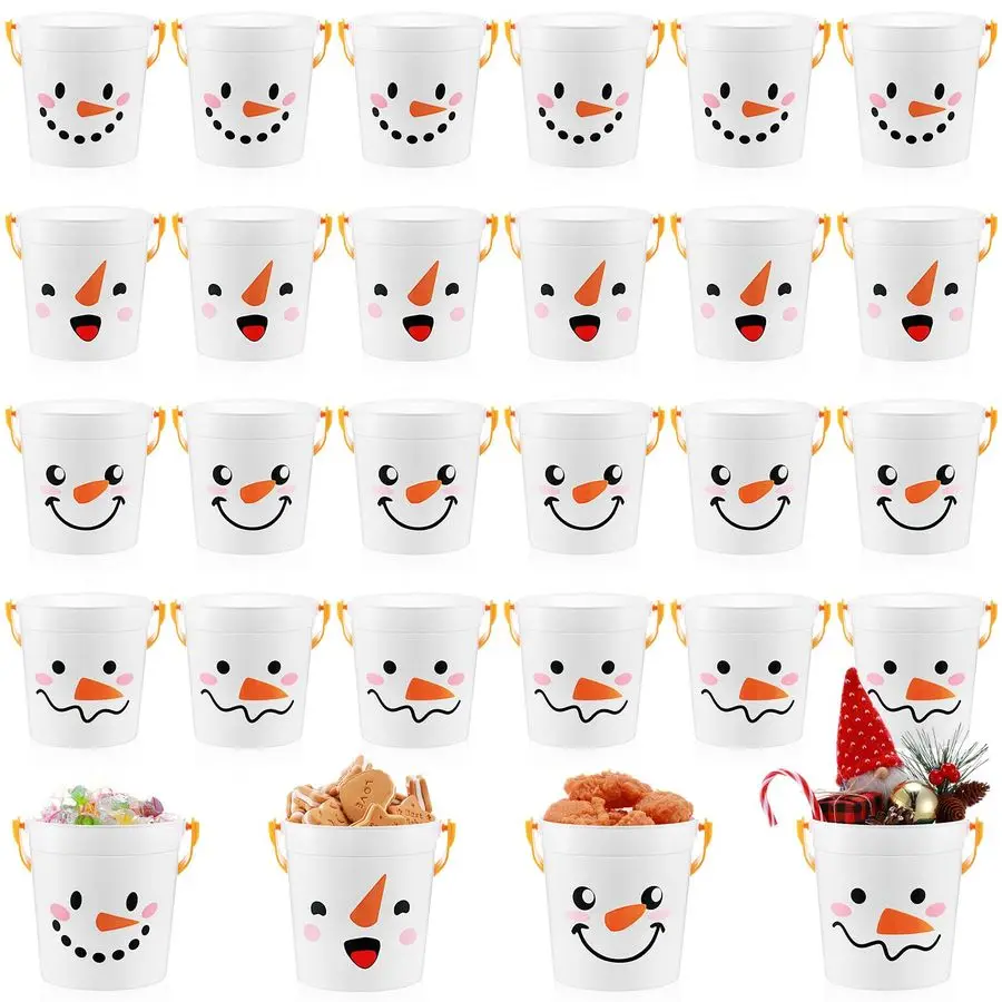 

24 Pack Christmas Buckets for Gifts Snowman Plastic Buckets with Handles 4.69 x 3.78 x 4.8 Inch Cute Snowman Candy Pails Home To