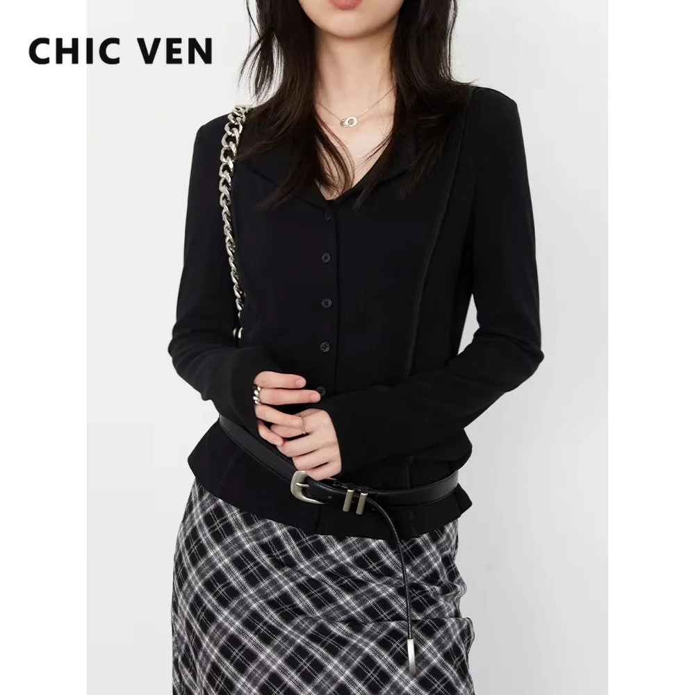 CHIC VEN Korean Women Cardigans Casual Solid Small Lapel Long Sleeved Knitted Tops Fashion Girl Sweaters Spring Autumn 2026