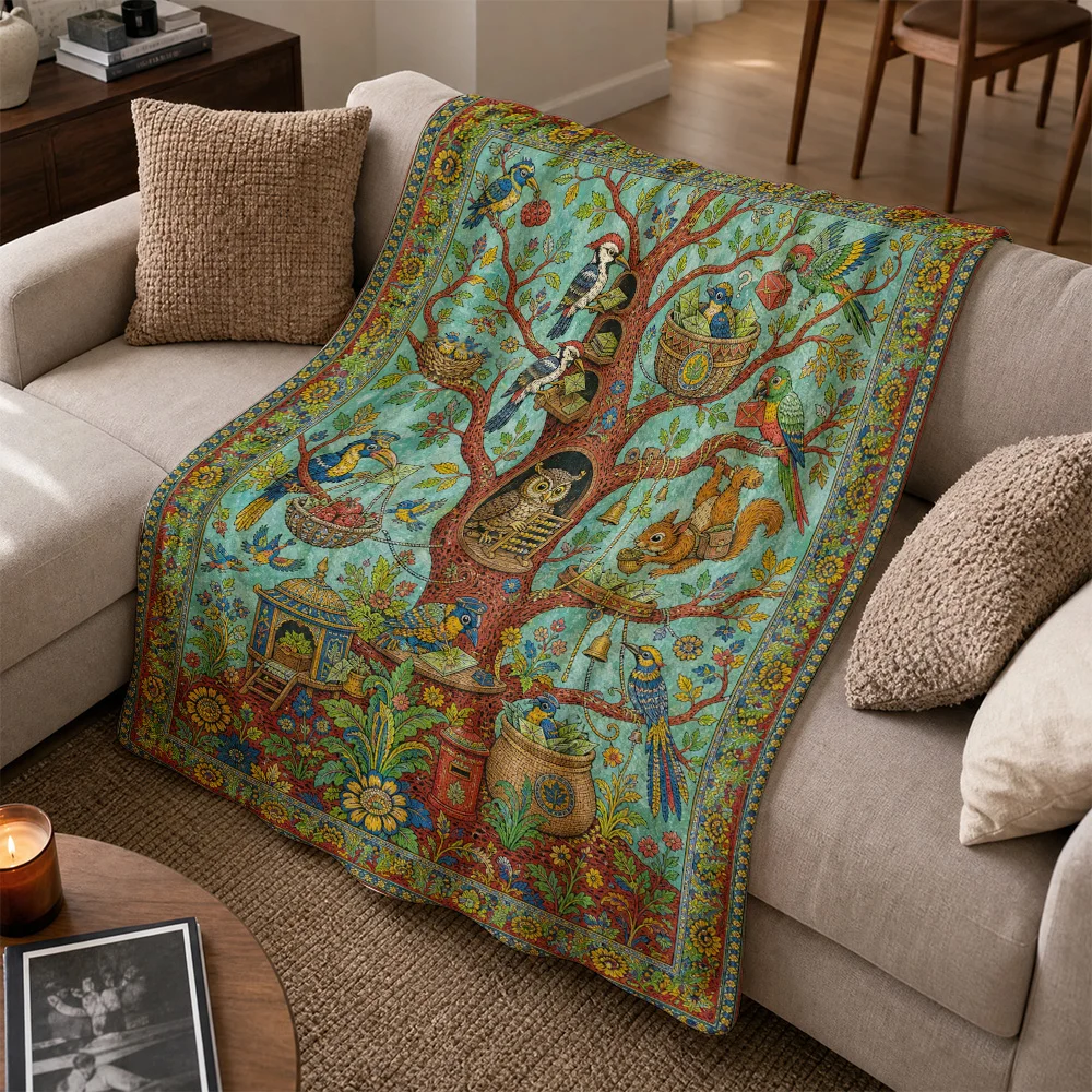 Vintage Woodland Animals Sofa Throw Blanket Bohemian Tree of Life Cottagecore Decor Cozy Couch Cover