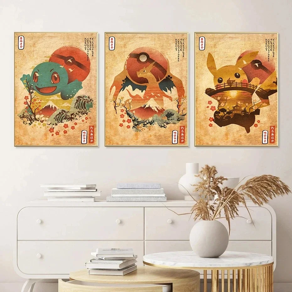 Retro Pokemon Canvas Painting Pikachu Gyarados Charmander Squirtle Poster and Prints Wall Decor Mural Living Room Decor Pictures