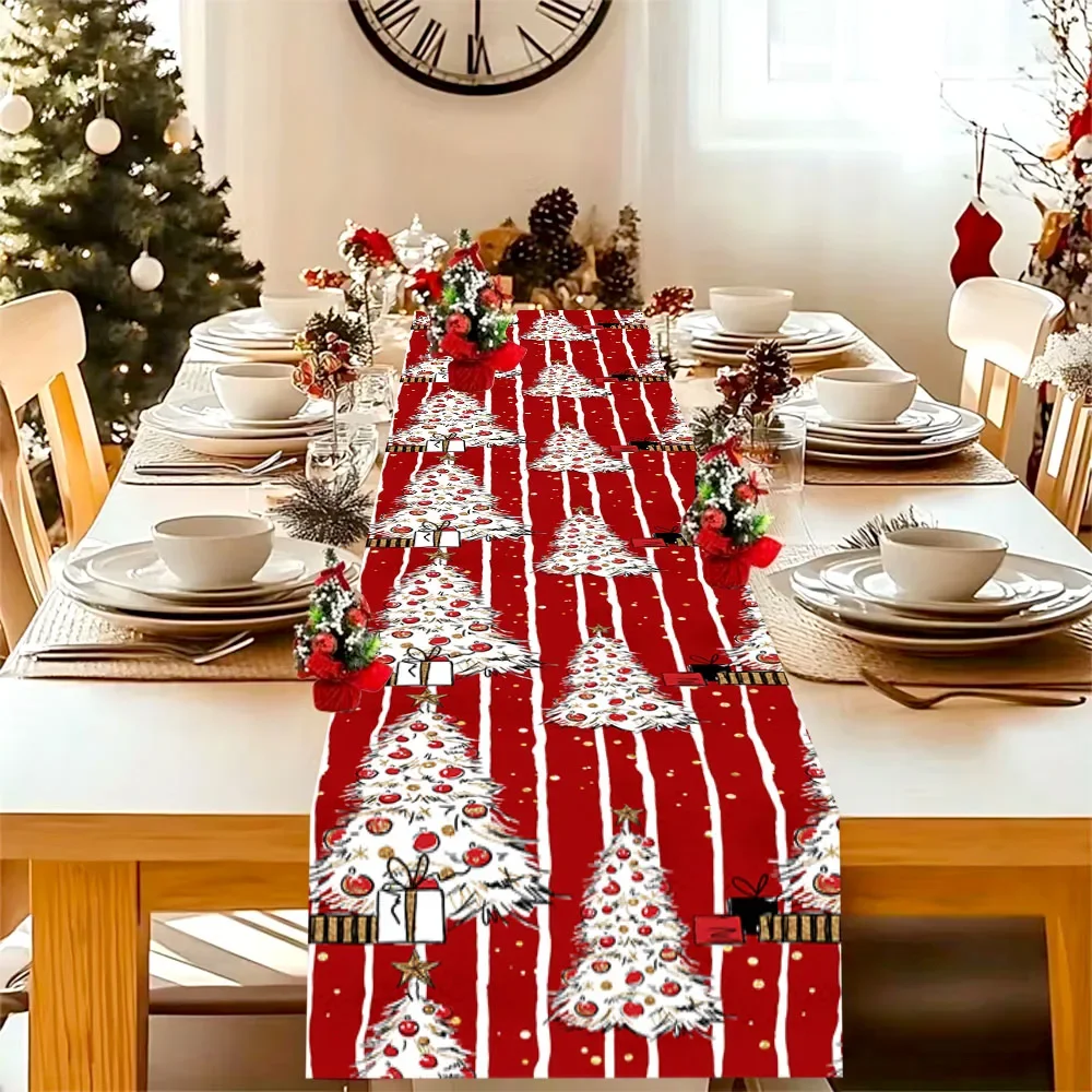Striped Christmas Tree Gift Box Table Runner, Practical & Stain-Resistant, Christmas Dinner & Party Table Decor