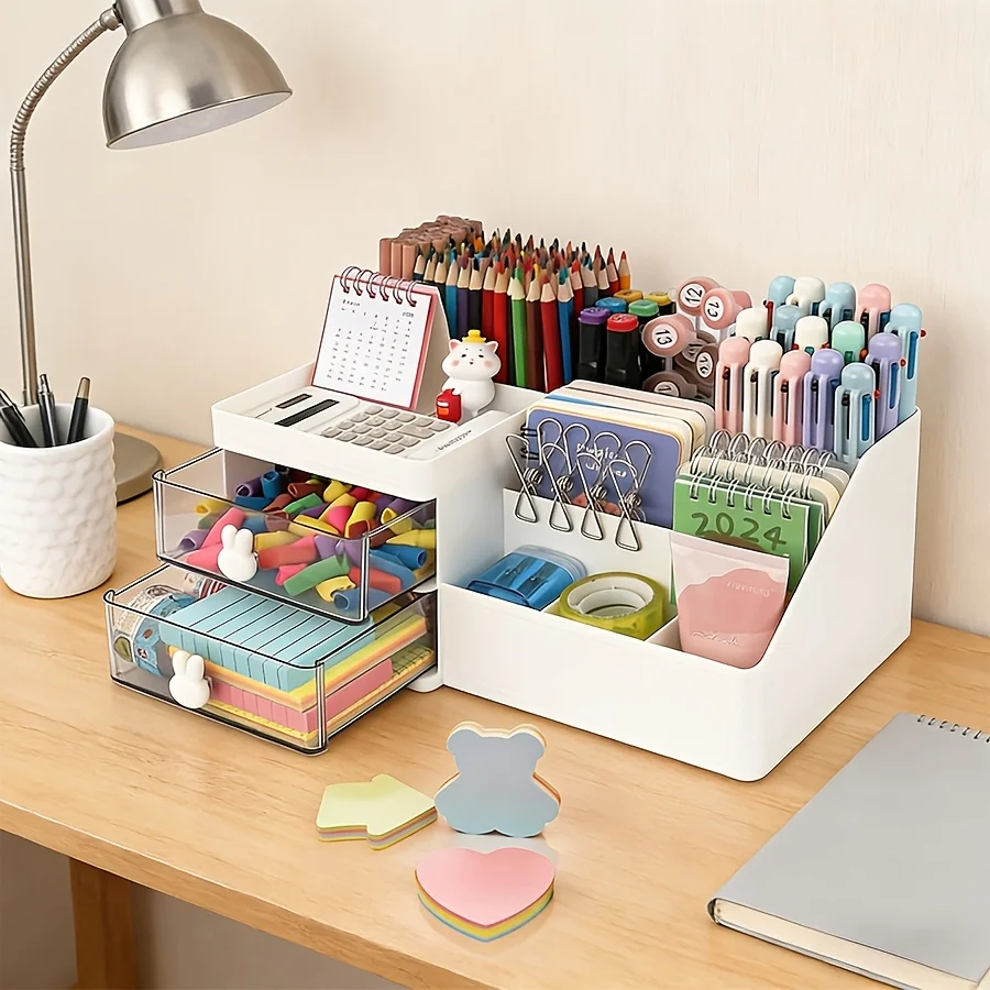 Cute Rabbit Desk Organizer Pen Holder Clear Drawers Stationery Storage Box 2Pcs Set with Sticky Notes