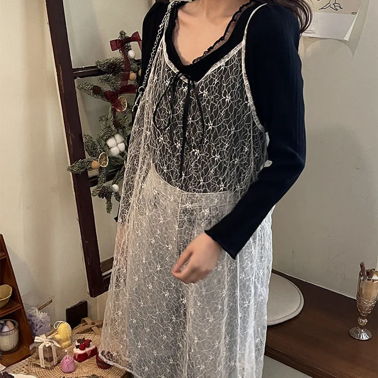 สั้นบาง SHEER ลูกไม้ตาข่ายสีขาว SLIP Dress ผู้หญิงเกาหลีสไตล์แฟชั่น COVER UPS ฤดูร้อนน่ารักโปร่งใสแขนกุดชุด