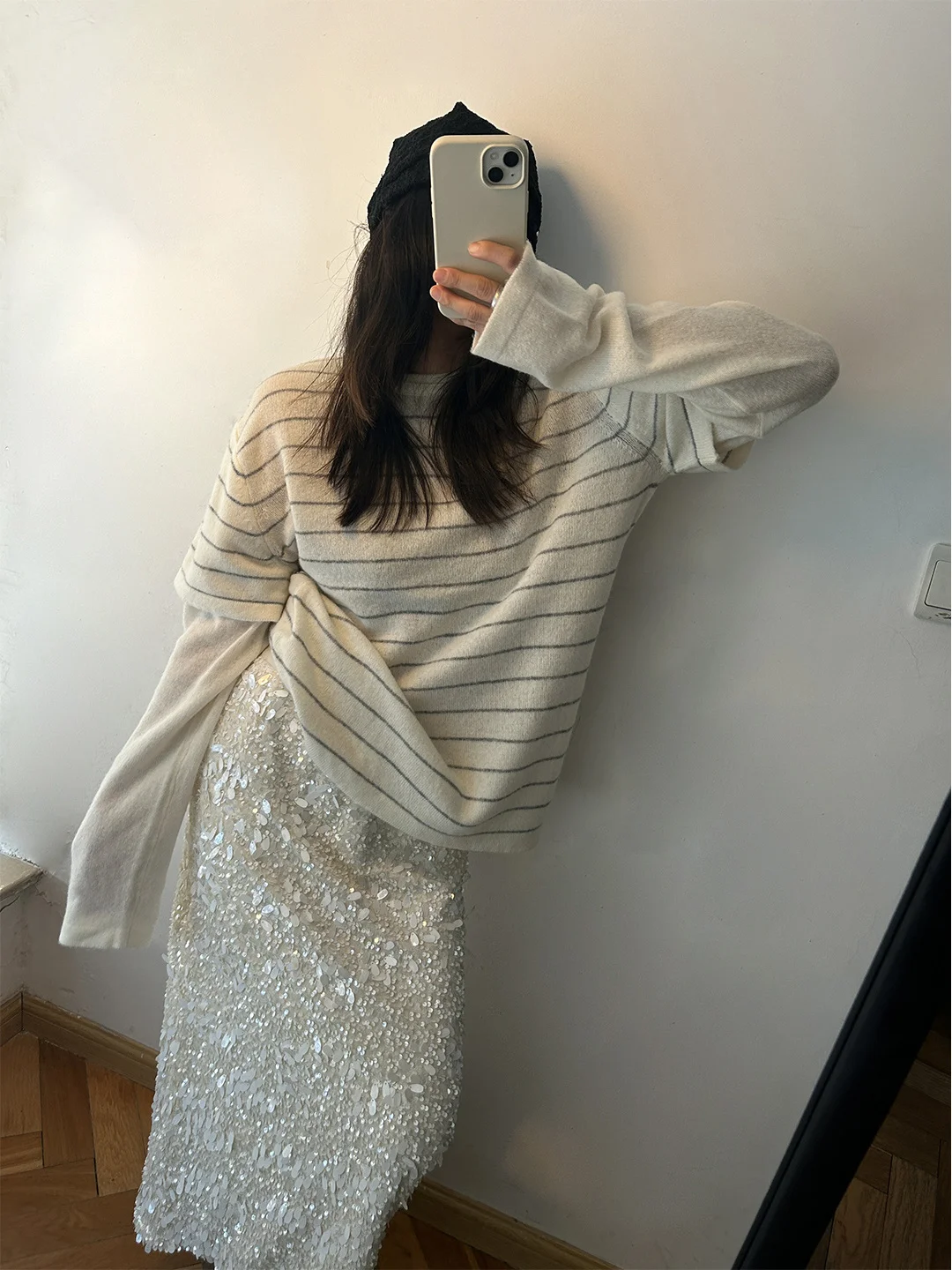 

Свободный вязаный свитер-имитация двойки из шерсти с длинными рукавами и круглым вырезом в полоску для девочек