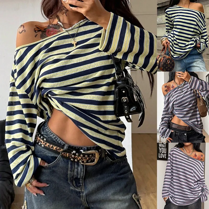 European and American women's new products independent station loose striped long-sleeved slanted shoulder off-shoulder t-shirt
