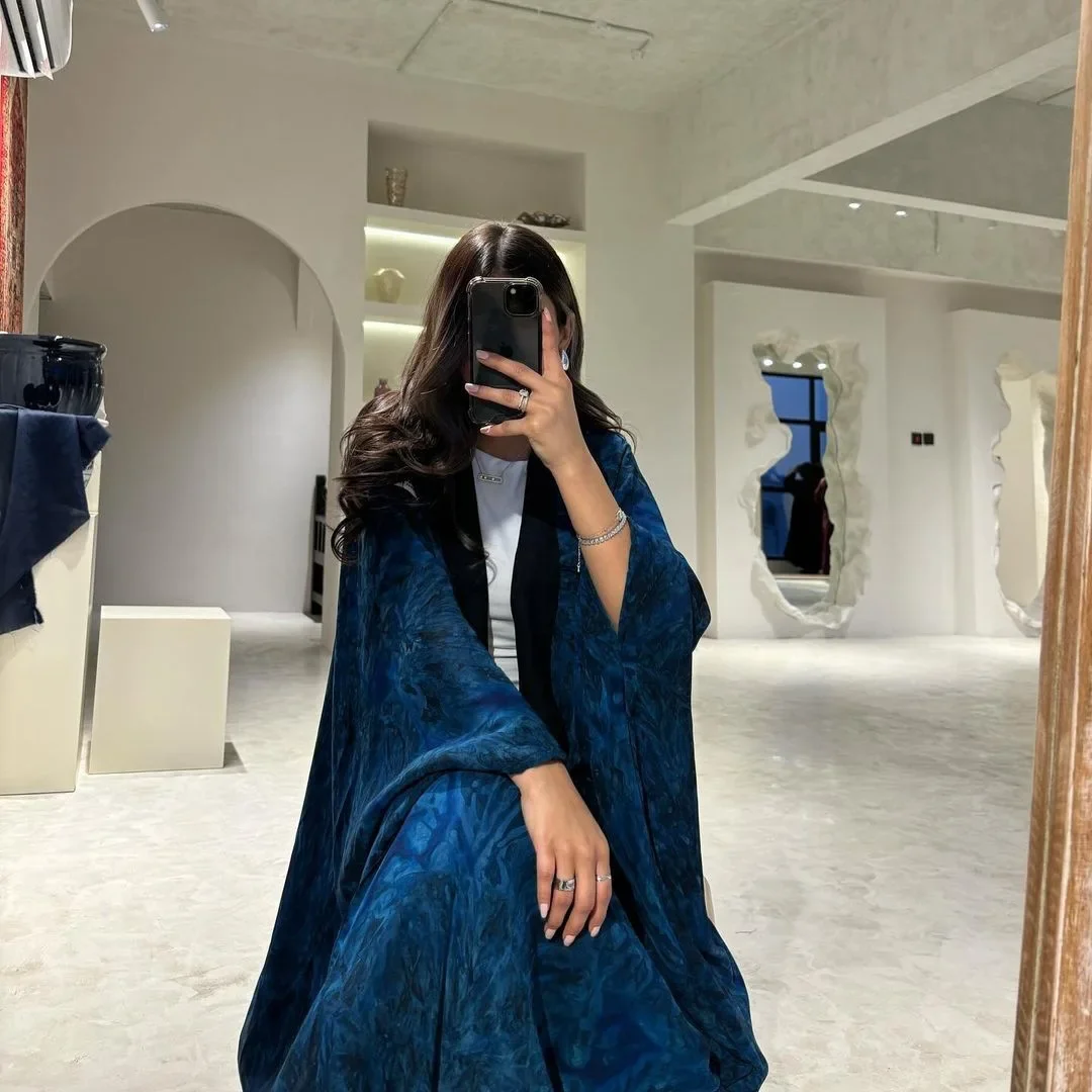 New Modest Chiffon Open Abaya Muslim Dress with Print Tie Dye Design Abayas for Women Dubai Luxury Islamic Clothes Kaftan Kimono