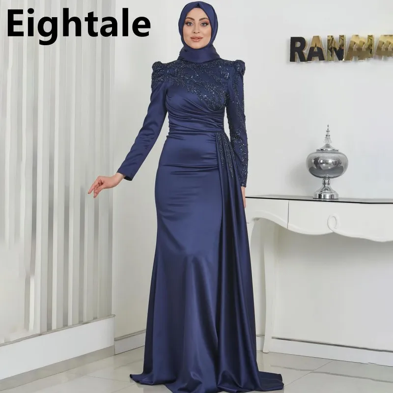 Eightale Customized Navy Blue Prom Dress Mermaid Long Sleeve Sequins Evening Dress Abiye Formal Party Gown Vestidos de gala