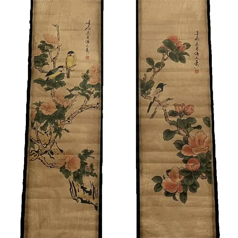 

China old Celebrity Pan Tianshou's Flower and Bird Paintings - Traditional Four Screen Scroll Decorative Artwork for Home