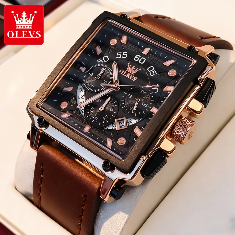 

OLEVS мужские часы, роскошные модные кожаные ремешки, квадратные кварцевые наручные часы для мужчин, водостойкий хронограф со светящейся датой, новый reloj