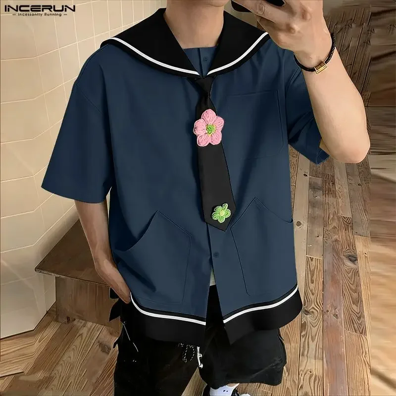 

INCERUN Men Shirt Patchwork Navy Collar Short Sleeve Pockets Men Clothing With Tie Streetwear Fashion Casual Tops Male Shirts