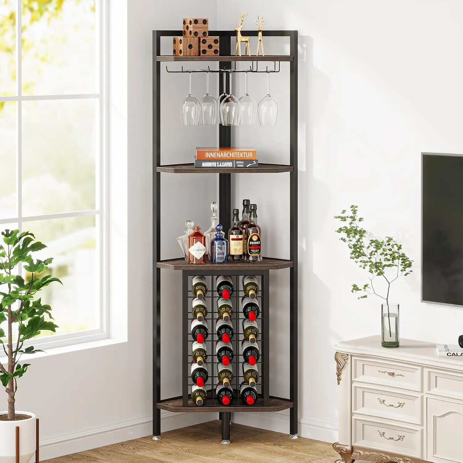 Corner Wine Rack with Glass Holder and Storage Shelves, 4 Tier Free Standing Corner Bar Cabinet, Industrial Liquor Bottle Holder Display Shelf for Living Room Kitchen Small Space, Brown