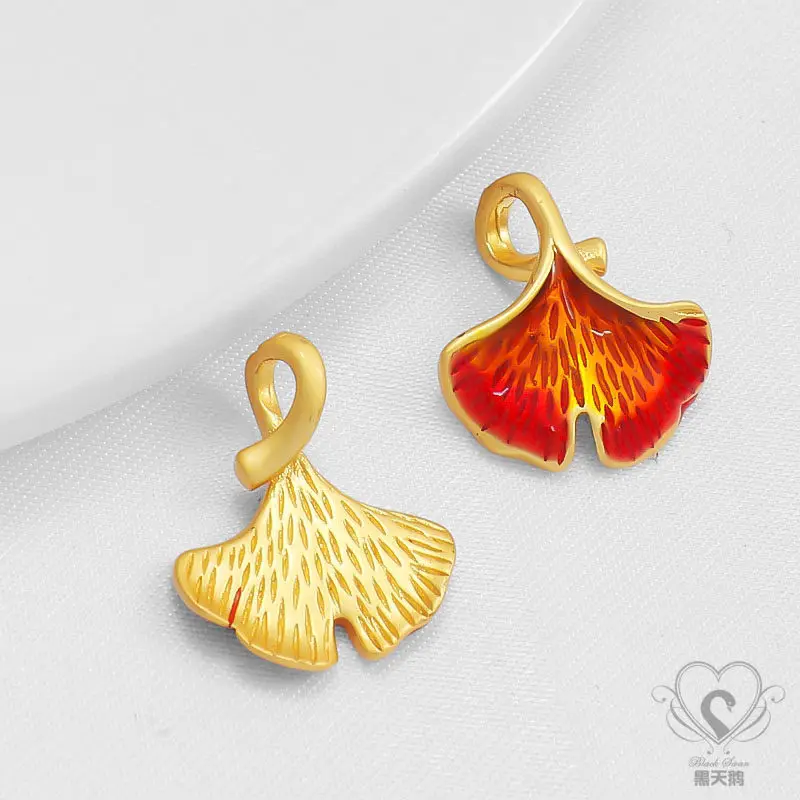 14K Gold Plated Enamel Micro Pave CZ Gloss Shell Fan Apricot Leaf Charms DIY Necklace Jewelry Findings