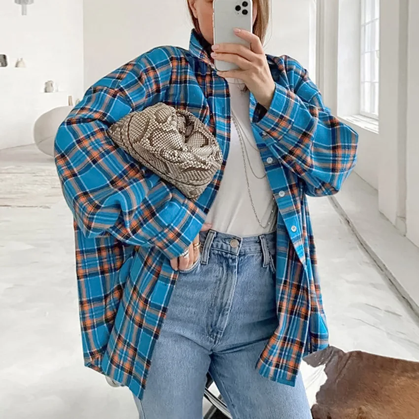 

Винтажная однобортная блузка большого размера, свободная клетчатая женская рубашка, модные офисные женские рубашки и блузки с лацканами и длинными рукавами, топы