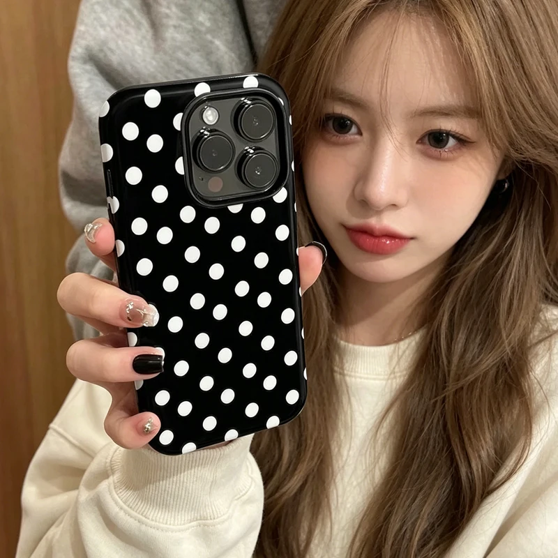 

Korean INS White Polka-Dot Film Phone Case For iPhone 17 16Pro 15 14 13 12 11 Pro Max XS 78Plus Double-layer Shockproof PC Cover