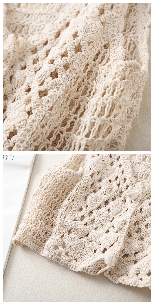 Spring Autumn Crochet Sweater Vest Women Korean Style Fashion V-neck Sleeveless Cropped Tank Top Beige White Shrug Cover-Up