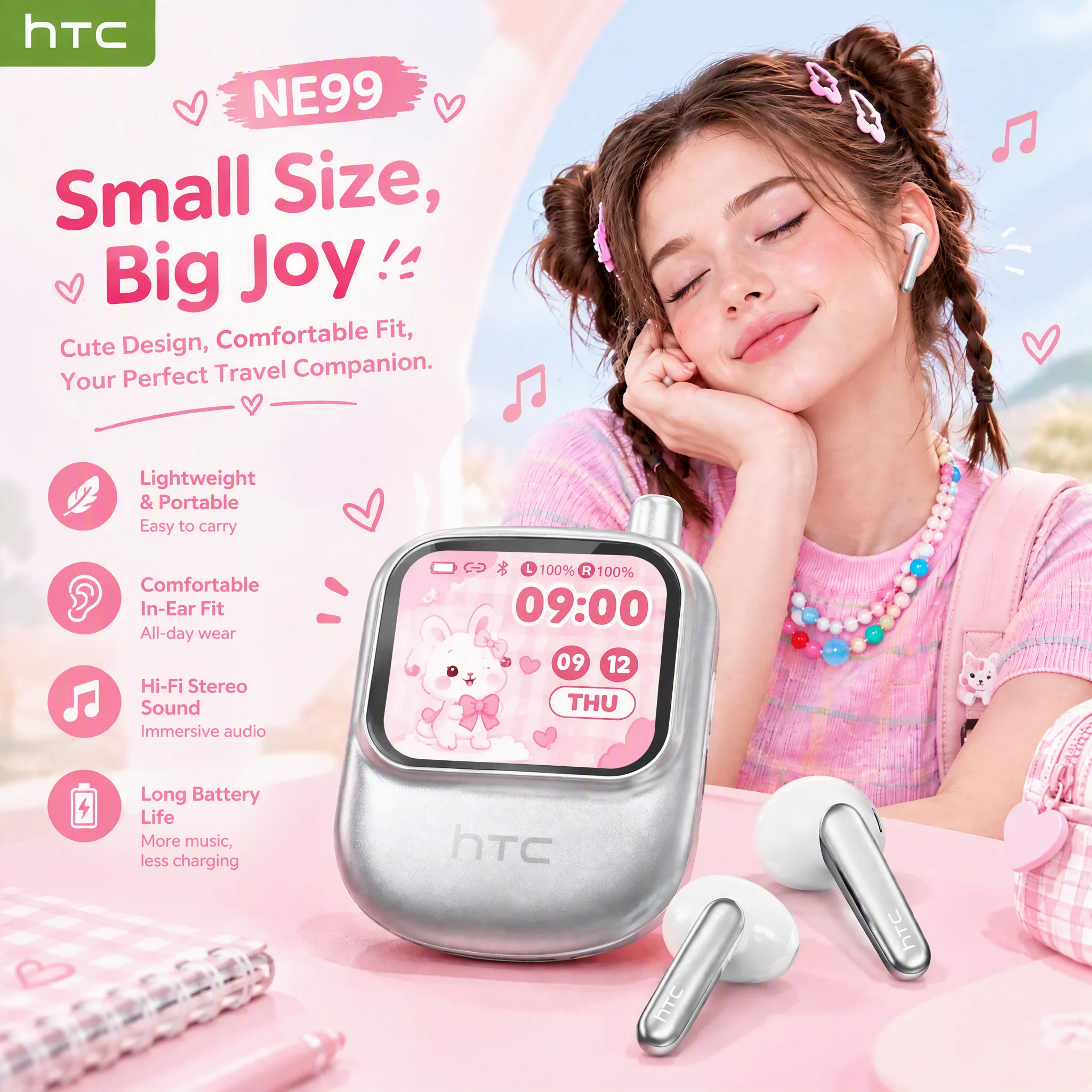 HTC NE99 AI Translator In-Ear Earbuds Lanyard HD LED Display Bluetooth Earphones Low Latency Long Battery Wireless Headphones