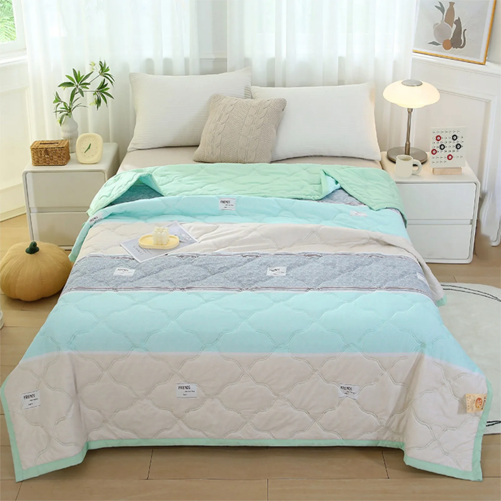 Skin Friendly Plain Print Bed Blanket Washed Cotton Summer Quilt Ventilated Cool Comforter Home Bed Blanket Sofa Blanket