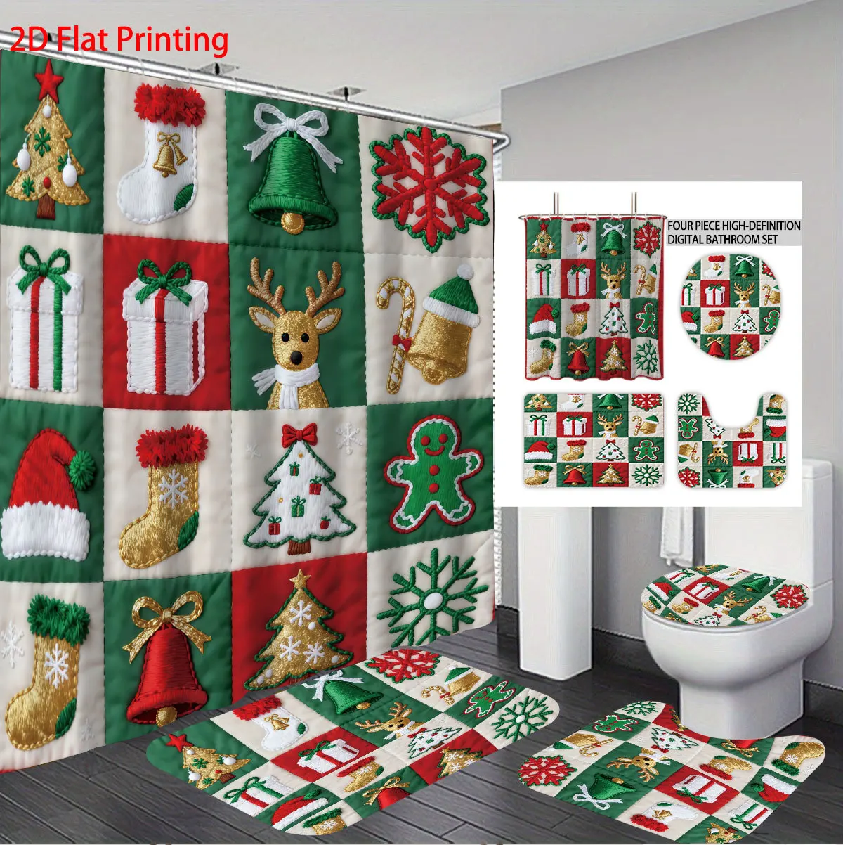 Christmas Shower Curtain,gingerbread Man Curtains, Quick-drying, Durable and Waterproof Shower Curtain, 12 Hooks, 3 Floor Mats