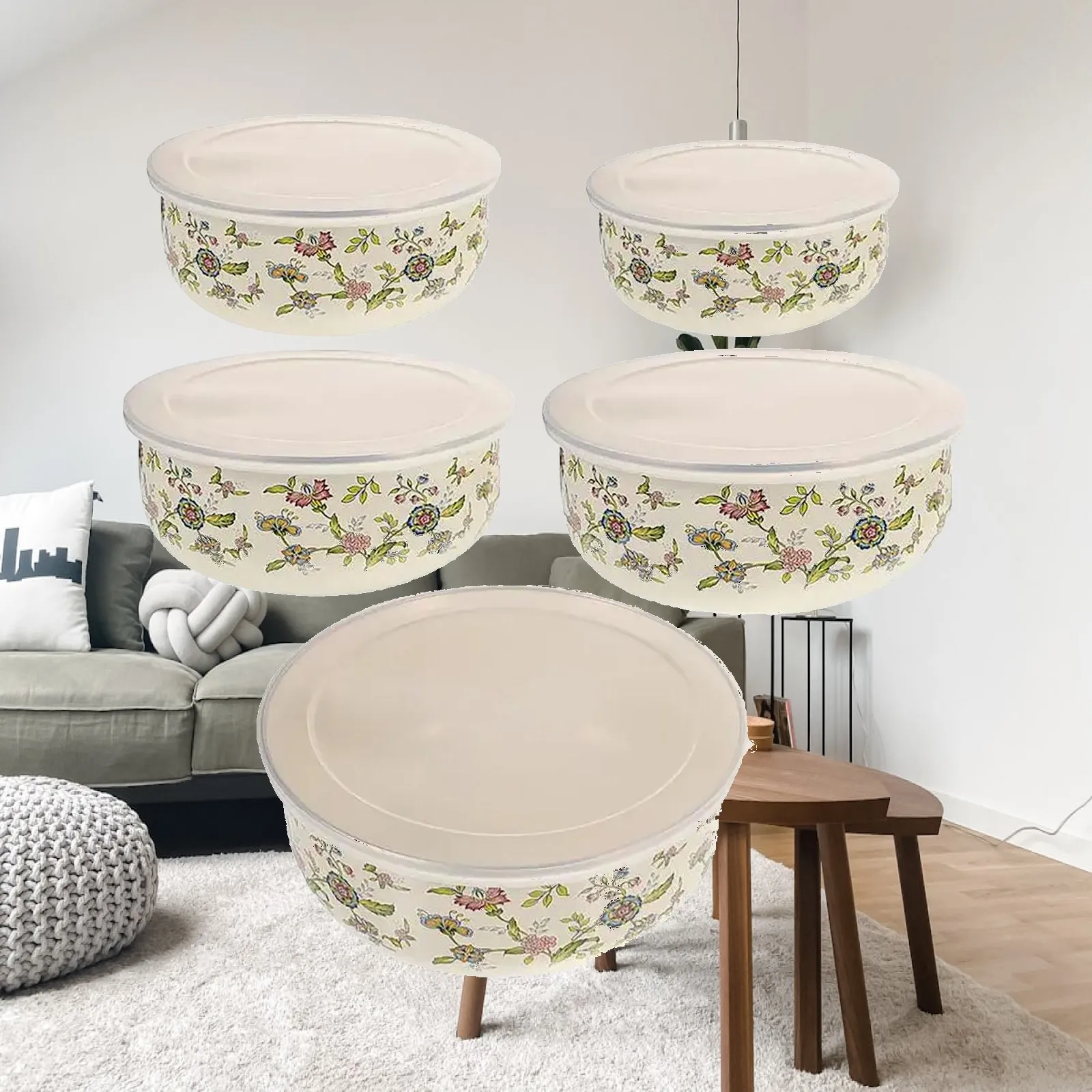 Round Ceramic Mixing Bowls with Airtight Lids Floral Nesting Bowl Set for Fruit Salad and Food Storage in Kitchen