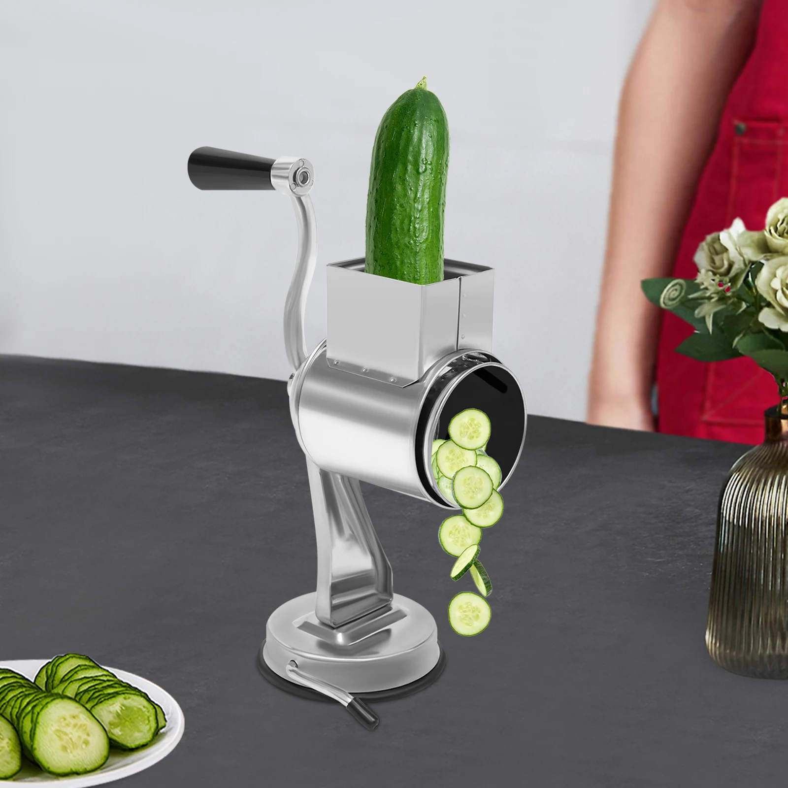 

Stainless Steel Rotary Grater with 5 Different Blades, Non-slip Suction Base, for Slicing Potatoes, Cucumbers, Lemons, Apples