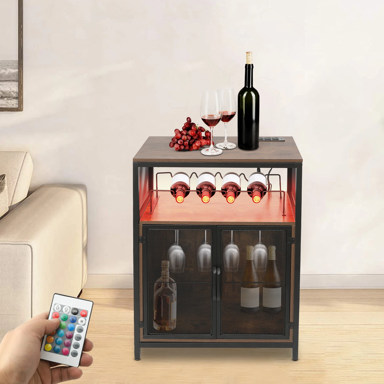 

Liquor Cabinet with RGB Light and Outlet Remote Control, Free Standing Wine Rack Table with Glass Holder for Bar 110V