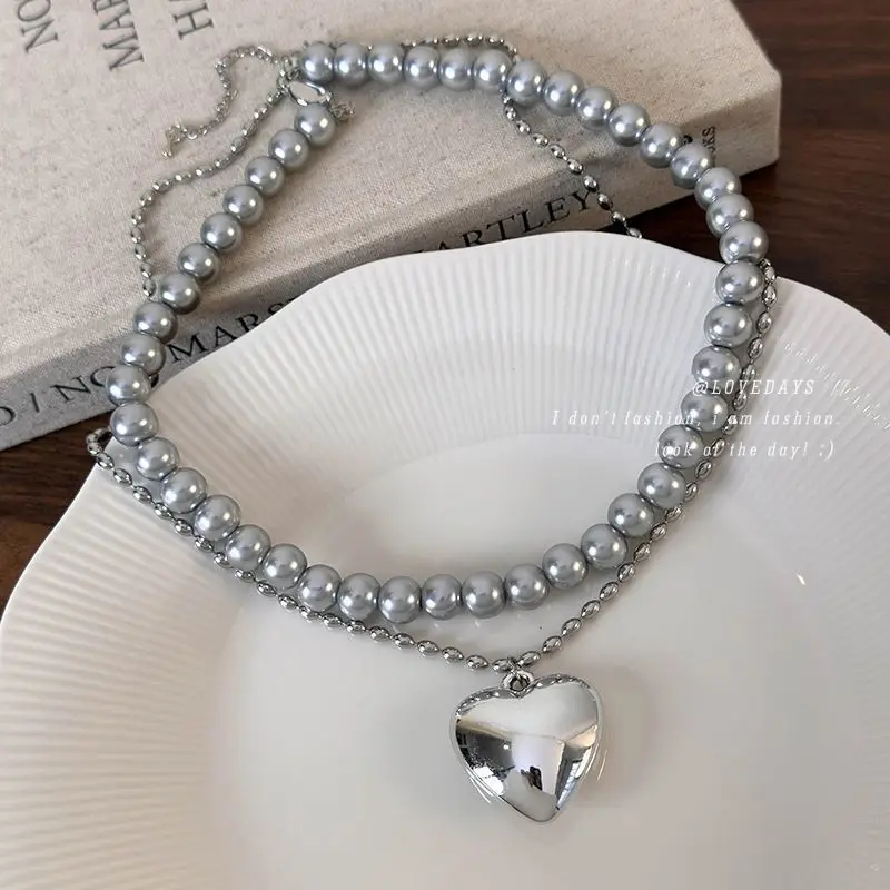 Silver Heart Pearl Long Necklace for Women Korean Ins Style Lightweight Daily Light Luxury Unique Pendant Chain