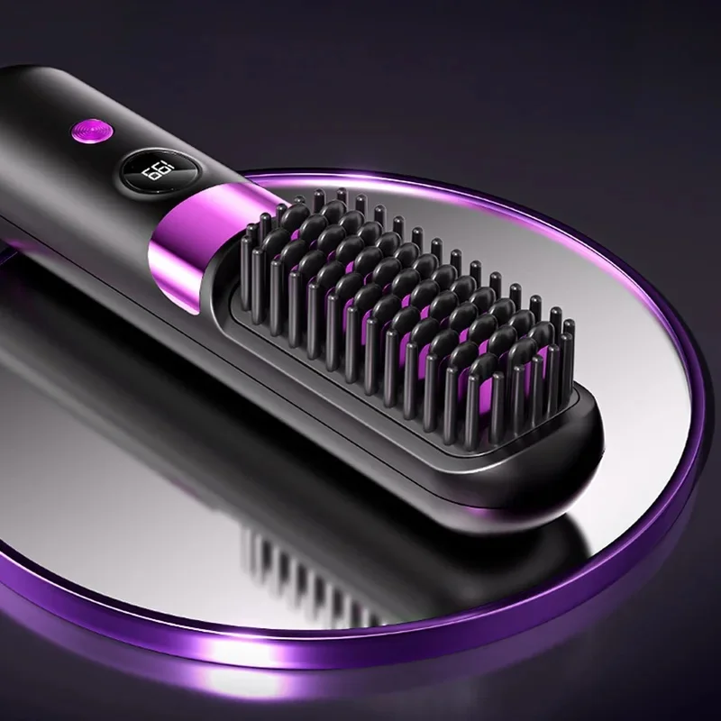 1Pc USB Charging Portable Hair Straightener Brush, Cordless Straightening Comb LED Display & Ceramic Coating, Ionic Technology - view 2