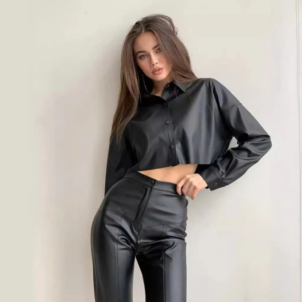 レディース長袖PUシャツ 秋冬新作 無地 バットウィングスタイル へそ出し 欧米風ファッション