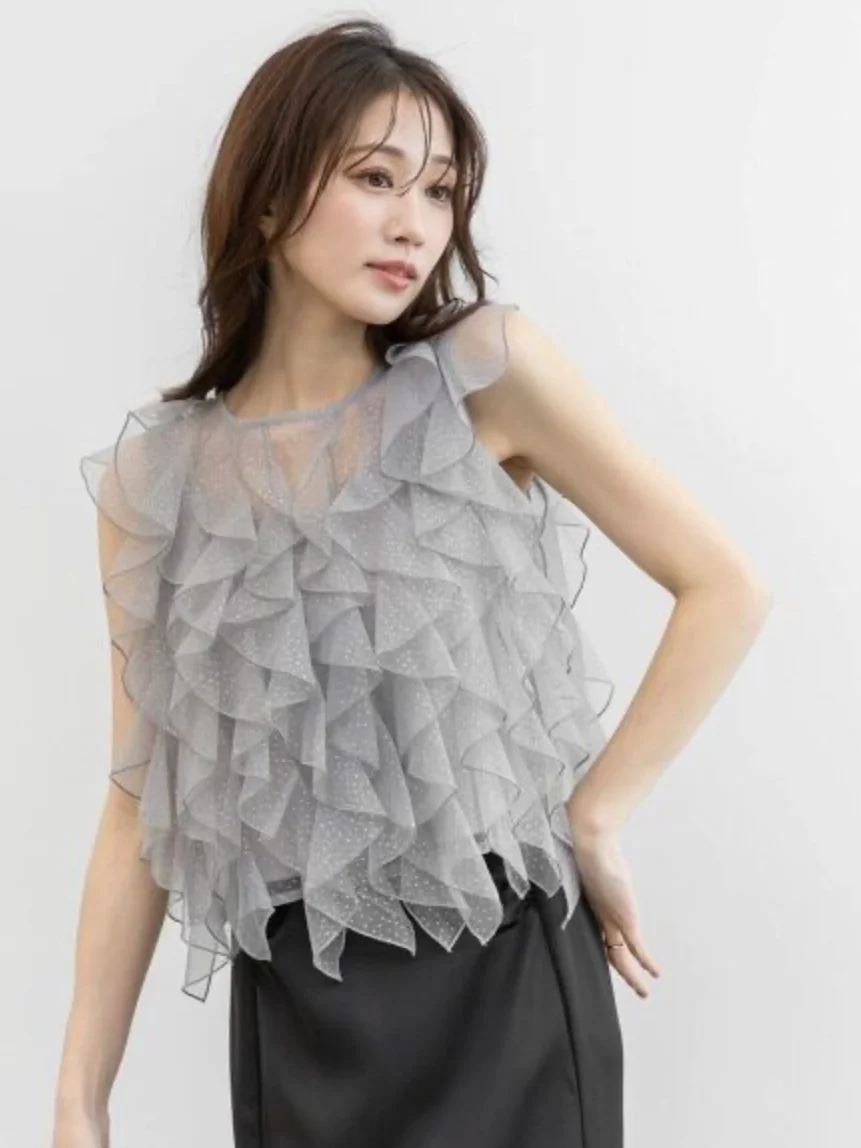 Camiseta sin mangas de la serie Sweet Fairy con volantes de tul, poliéster puro, transpirable, corte holgado, cuello redondo, informal, para mujer