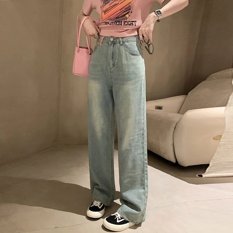 Design sense pocket embroidery tassel jeans female new large sizefat mm drag the ground high-waisted wide-leg straight longpants